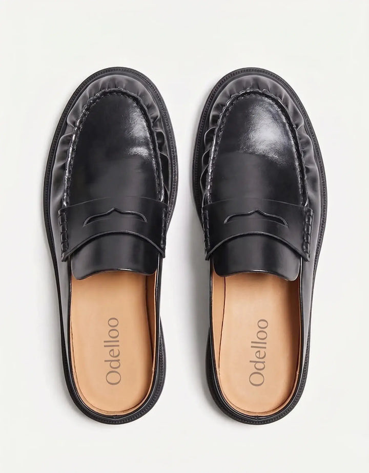 Odelloo Leather Loafer Mules  - Black
