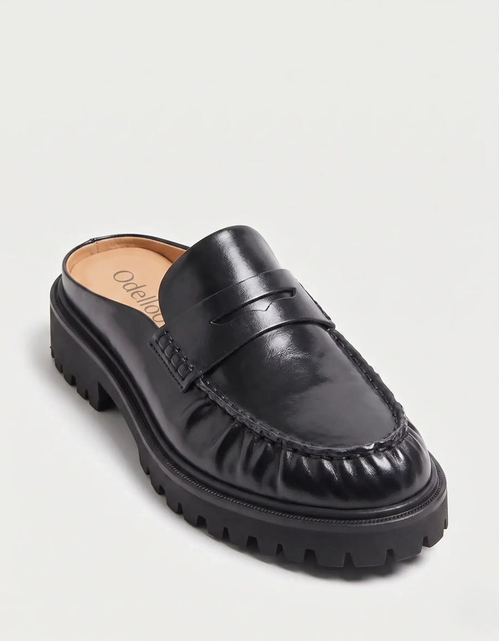 Odelloo Leather Loafer Mules  - Black