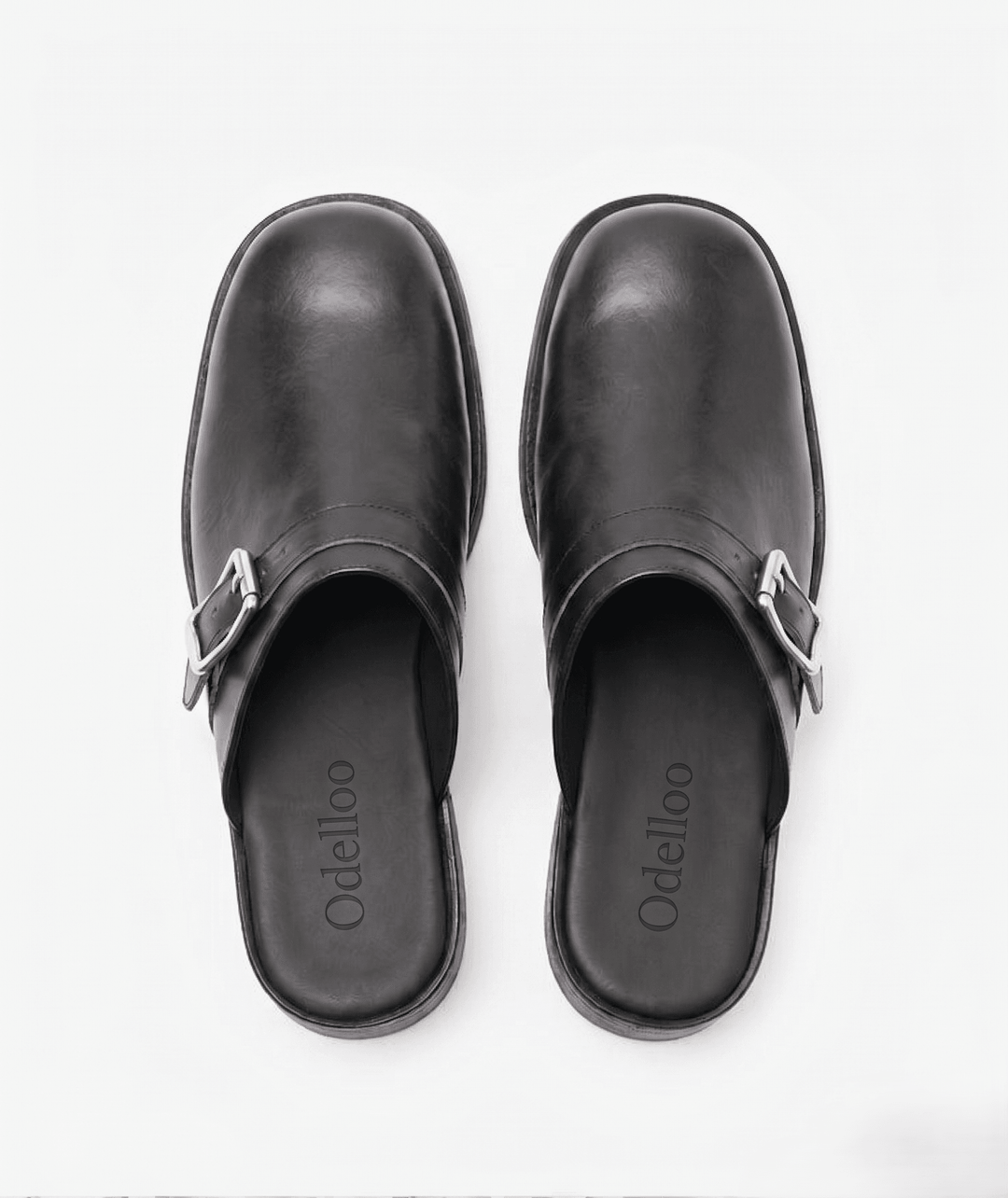 Odelloo buckle mules in black, view 1