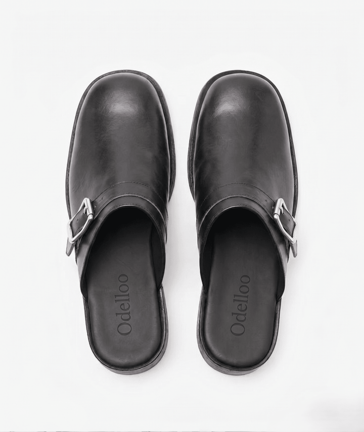 Odelloo buckle mules in black, view 1