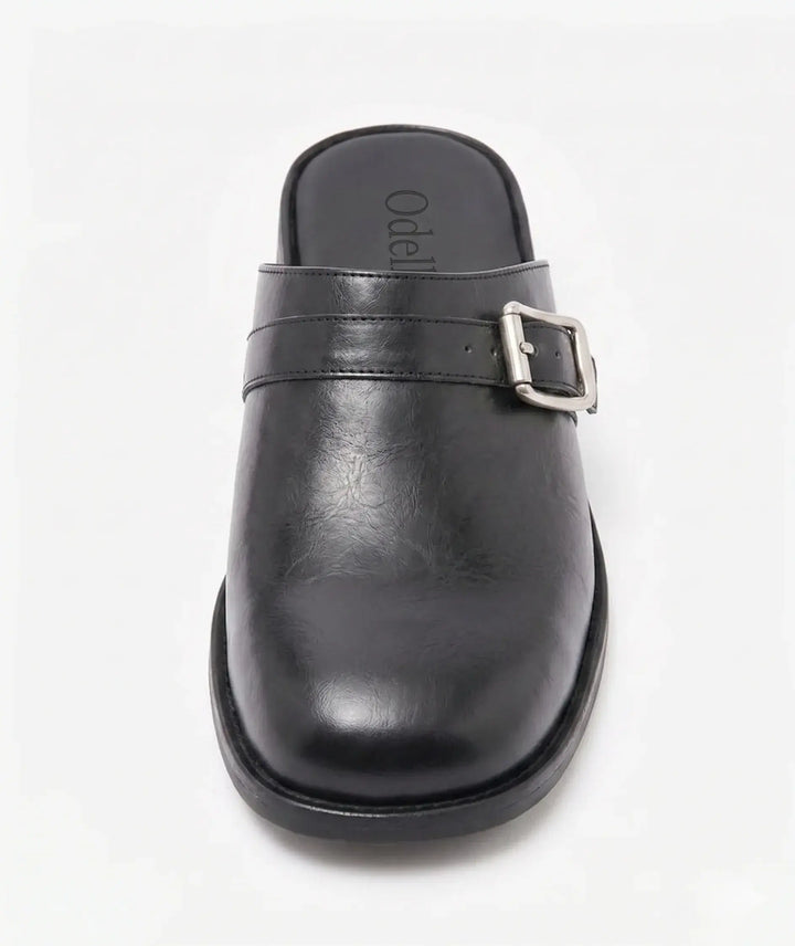 Odelloo buckle mules in black, view 2