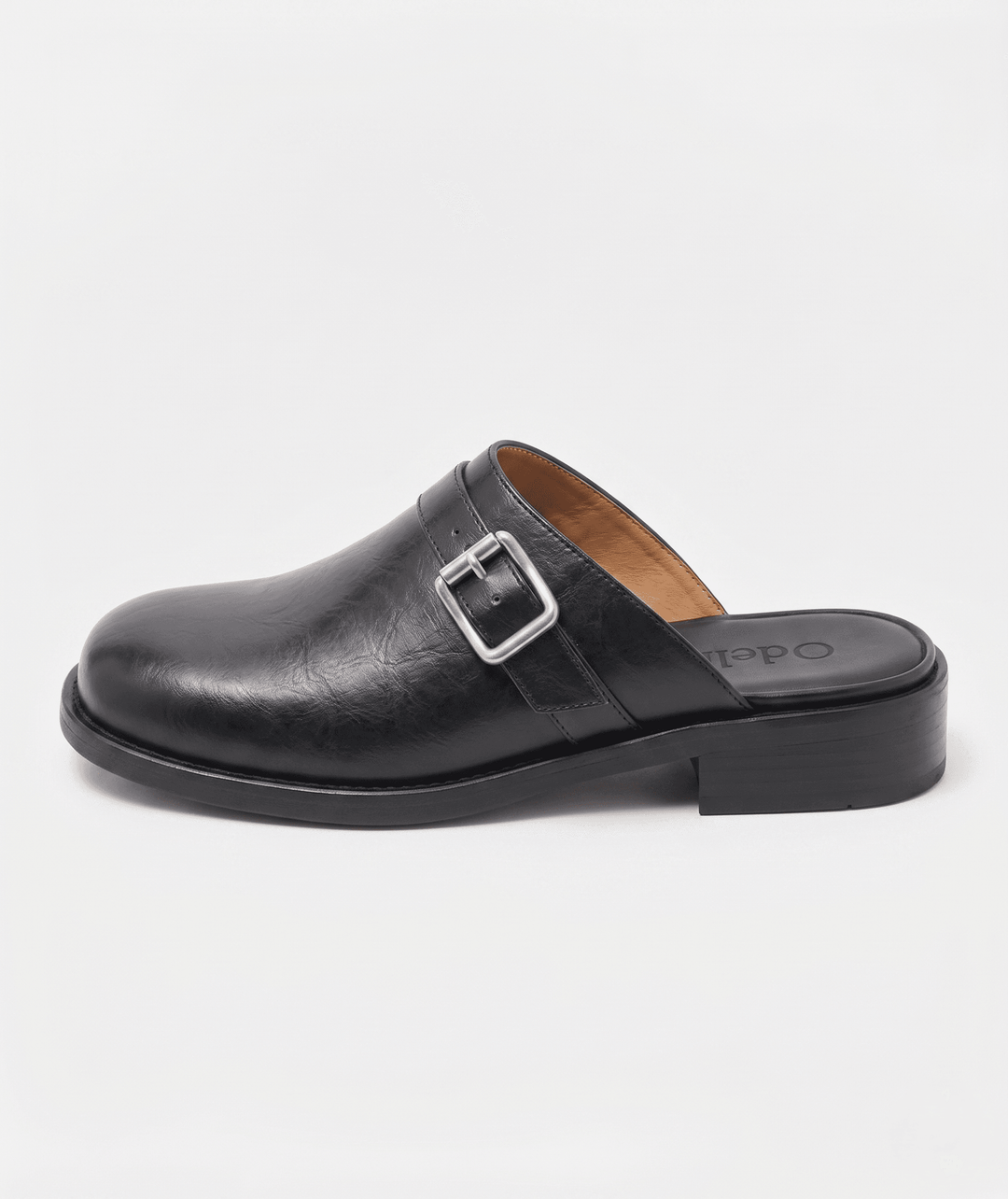Odelloo buckle mules in black, view 3