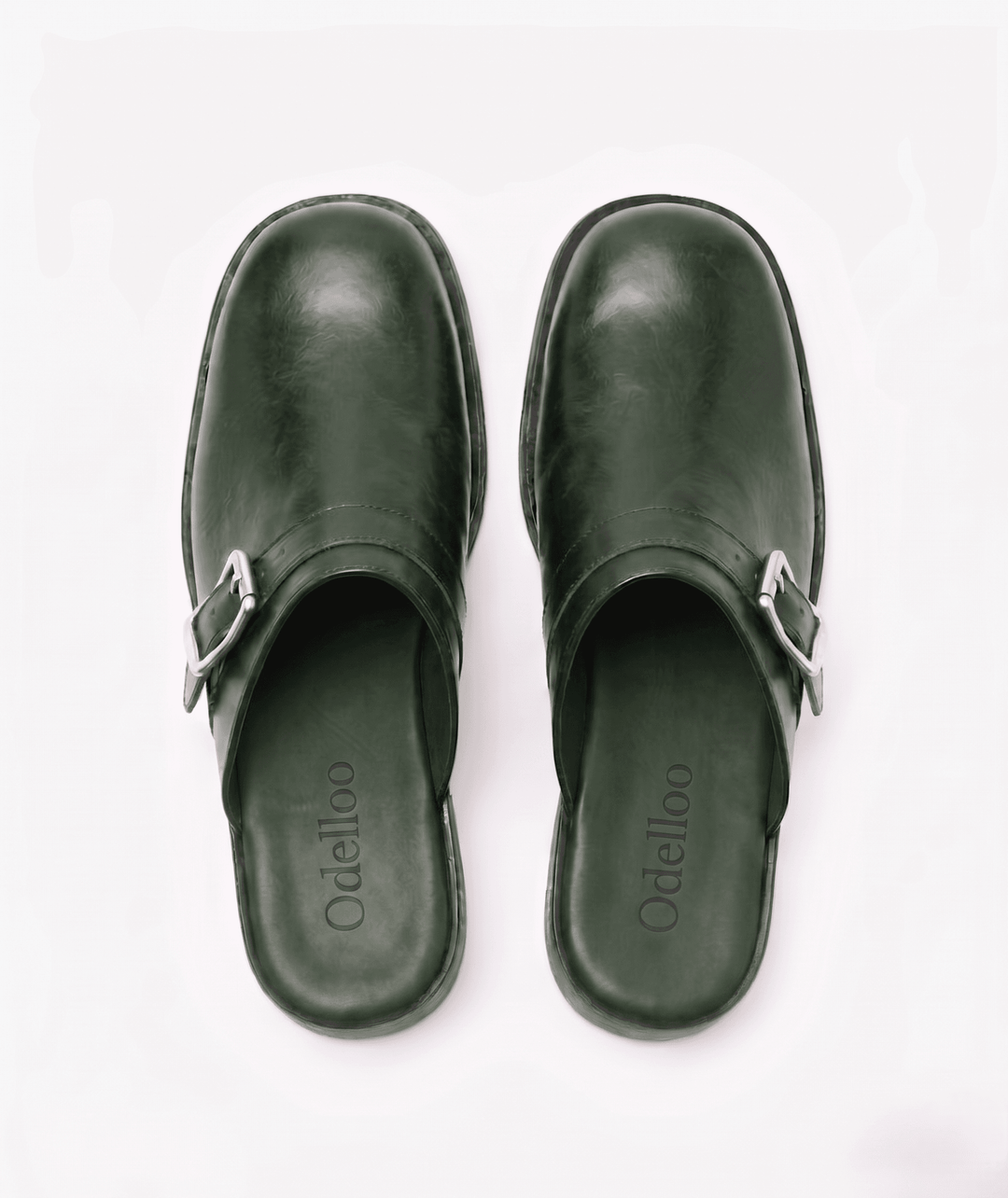 Odelloo buckle mules in green, view 1